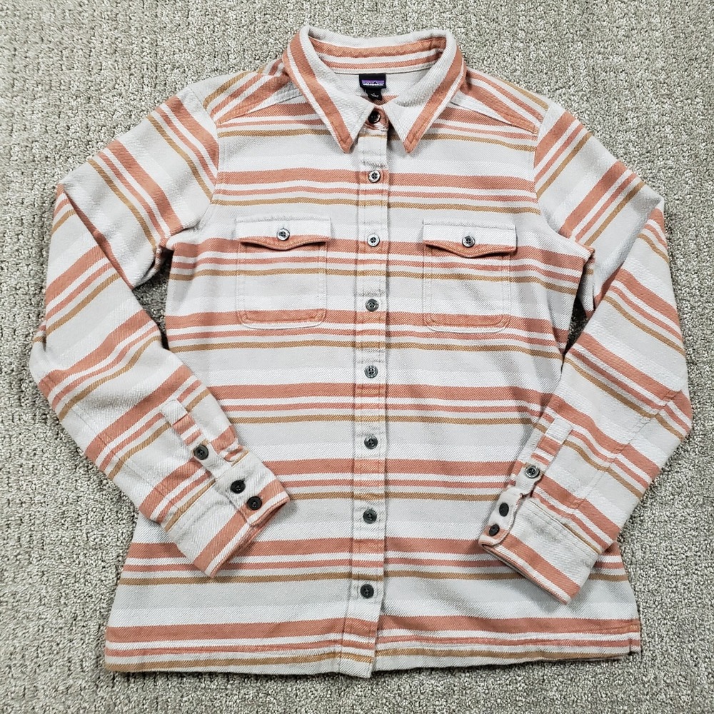 Patagonia Shirt Womens 4 Gray Orange Stripe Fjord Flannel Cotton Button Up Top